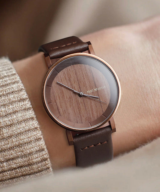 Montre vintage à quartz en cuir véritable marron avec incrustations de bois - TrendAura