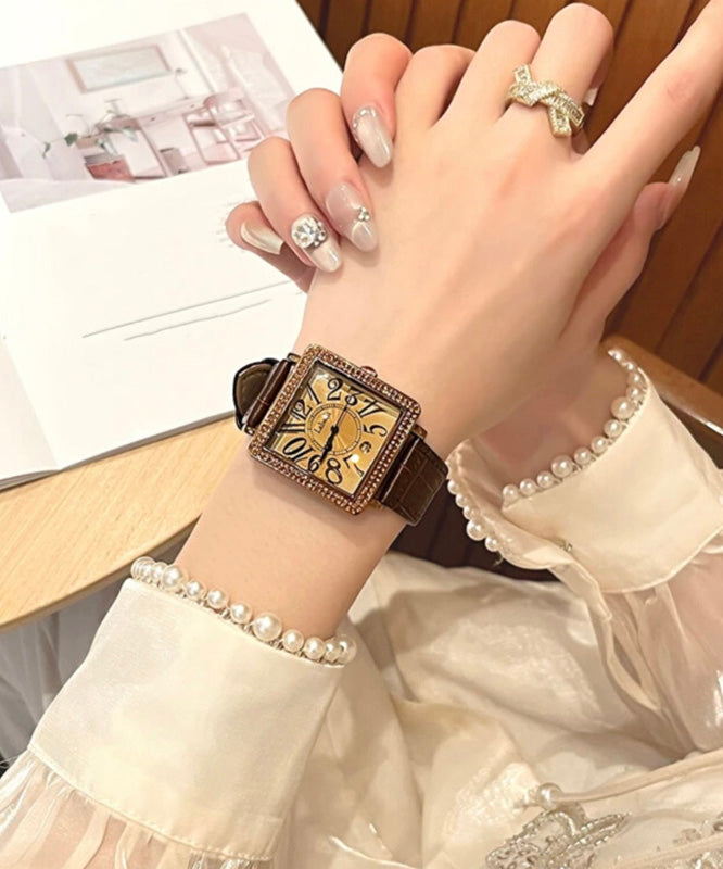 Montre vintage en cuir et verre trempé avec mouvement à quartz et zircon - TrendAura