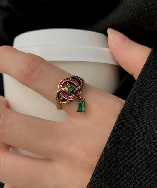 Bagues ouvertes vintage en forme de petit serpent avec zircon doré antique et colorblock - TrendAura