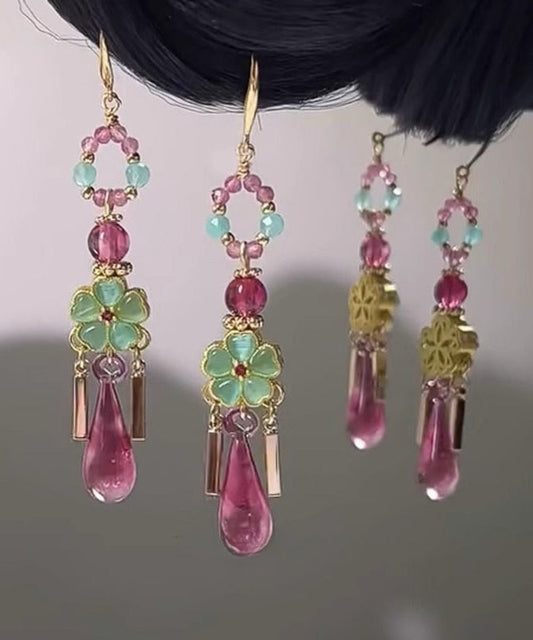 Boucles d'oreilles pendantes à pampilles florales en cuivre colorblock vintage - TrendAura