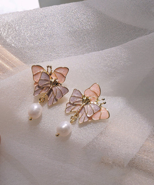 Boucles d'oreilles pendantes papillon vintage en argent sterling doré à blocs de couleurs et perles - TrendAura