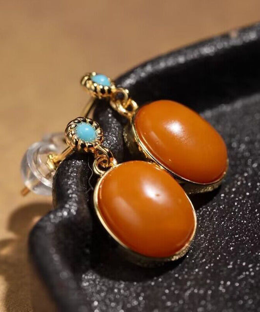 Boucles d'oreilles pendantes vintage en argent sterling coloré, surmontées de turquoise et de cire d'abeille dorée - TrendAura