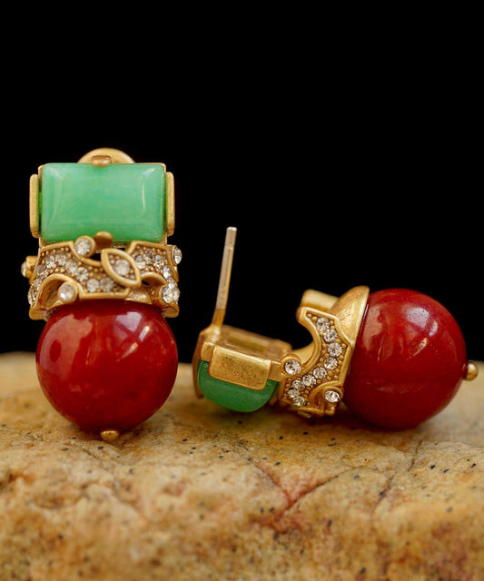 Boucles d'oreilles à tige vintage en argent sterling avec zircone et agate de jade - TrendAura
