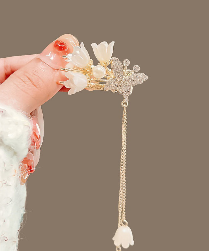 Épingle à cheveux vintage en alliage de cuivre doré et zircon, motif fleur et pompon - TrendAura