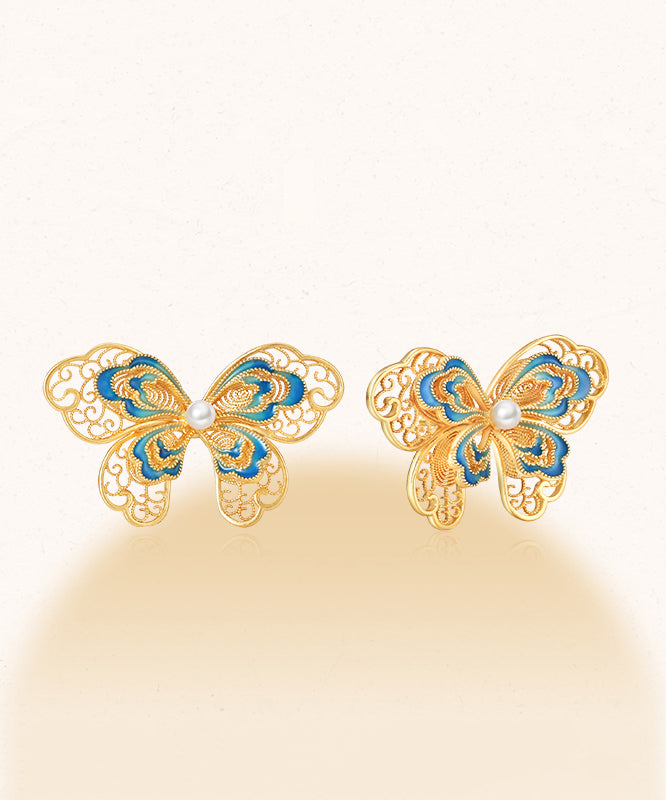 Boucles d'oreilles à tige vintage en argent sterling doré avec perles et papillon ajourées - TrendAura