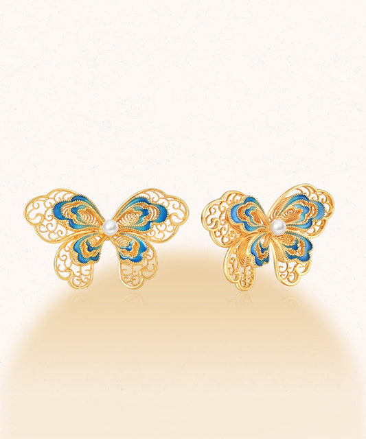 Boucles d'oreilles à tige vintage en argent sterling doré avec perles et papillon ajourées - TrendAura