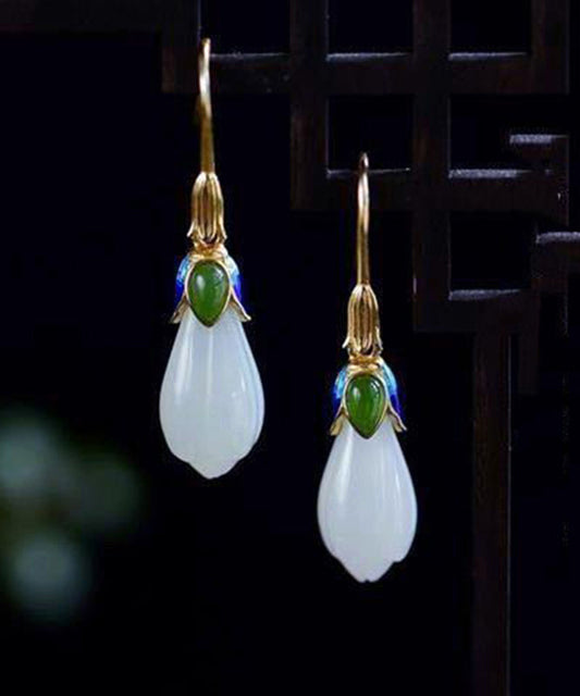Boucles d'oreilles à tige vintage en argent sterling doré et jade cloisonné avec orchidée - TrendAura