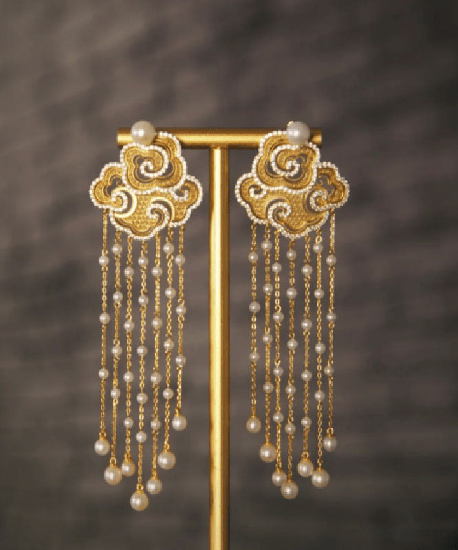 Boucles d'oreilles pendantes vintage en argent sterling doré et zircons, nuages ​​de bon augure, perles et pompons - TrendAura