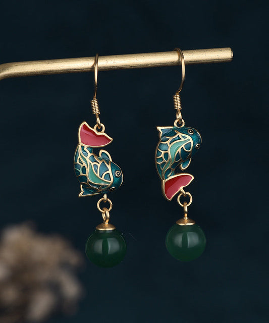 Boucles d'oreilles pendantes vintage en calcédoine verte et or antique représentant un poisson sautant par-dessus la porte du dragon - TrendAura