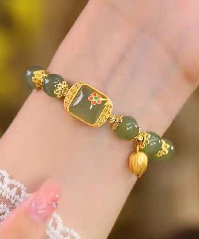 Bracelet à breloques vintage en argent sterling vert et jade surdoré avec lotus - TrendAura