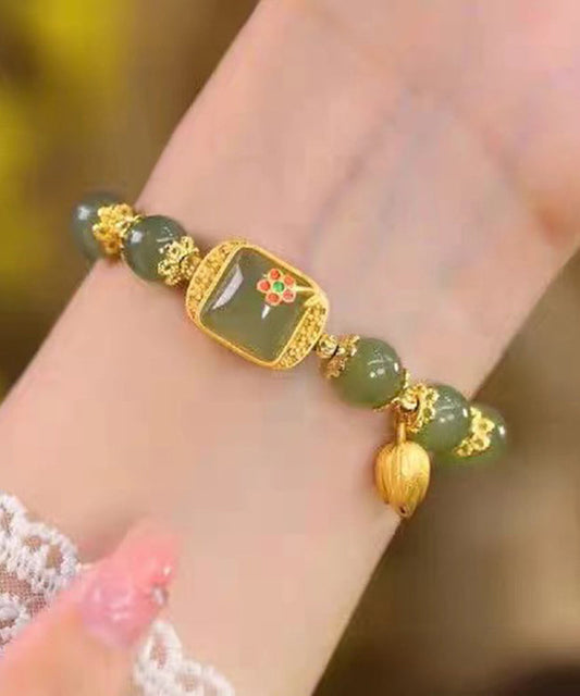 Bracelet à breloques vintage en argent sterling vert et jade surdoré avec lotus - TrendAura