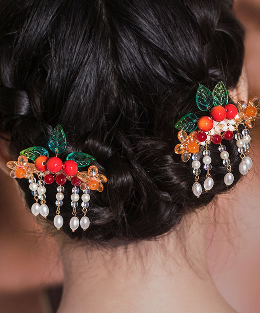 Paire d'épingles à cheveux vintage en cuivre doré à l'arc-en-ciel et pompon en forme de feuille d'aubépine. - TrendAura