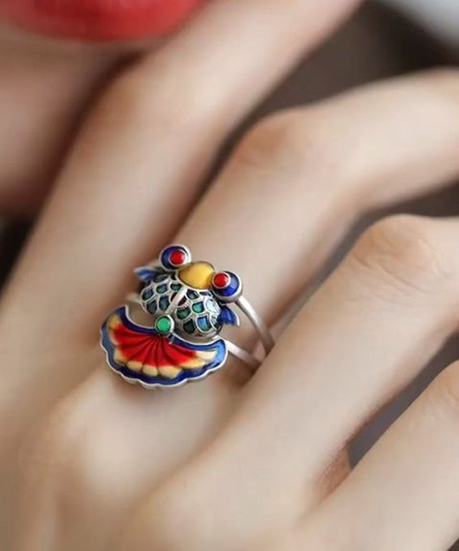 Bagues vintage en argent sterling avec motif carpe brodée et émaillée arc-en-ciel - TrendAura
