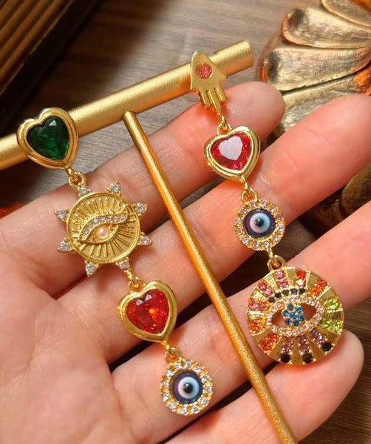 Boucles d'oreilles pendantes asymétriques en argent sterling arc-en-ciel avec zircons surdorés et émail émaillé - TrendAura