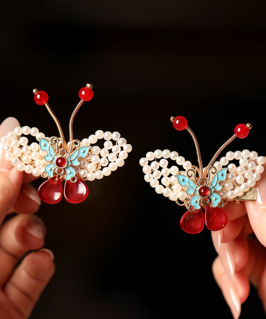 Paire d'épingles à cheveux papillon vintage en alliage rouge nacré pour enfants - TrendAura