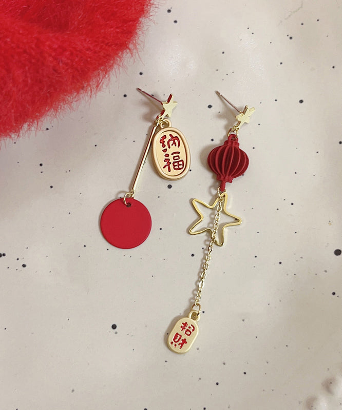 Boucles d'oreilles pendantes asymétriques vintage en alliage d'argent sterling rouge, motif lanterne étoilée - TrendAura