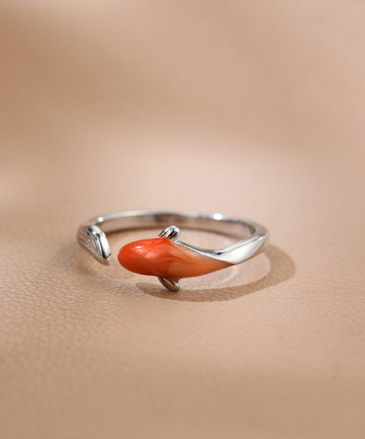 Bagues ouvertes vintage en argent sterling rouge avec motif carpe brodée - TrendAura