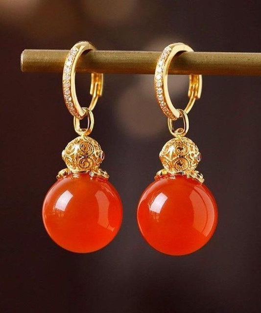 Boucles d'oreilles pendantes vintage en argent sterling rouge doré, incrustées de zircon et d'agate - TrendAura