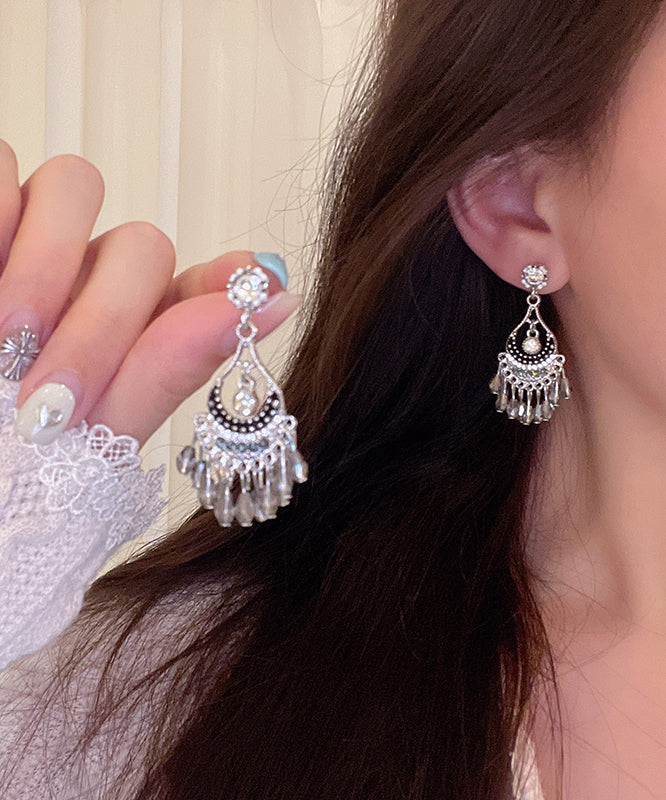 Boucles d'oreilles pendantes vintage en alliage de soie et cristal de zircon avec pompon et carillon éolien - TrendAura