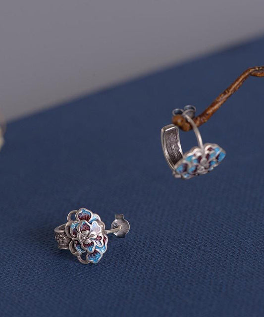 Boucles d'oreilles à tige en argent sterling et soie vintage avec fleur de pivoine cloisonnée - TrendAura