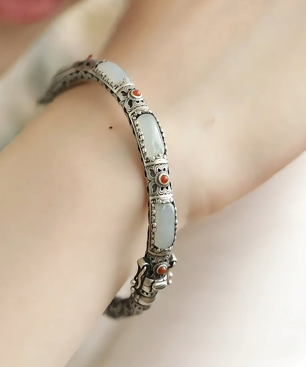 Bracelet jonc vintage en soie, argent sterling, jade et agate ajourée - TrendAura