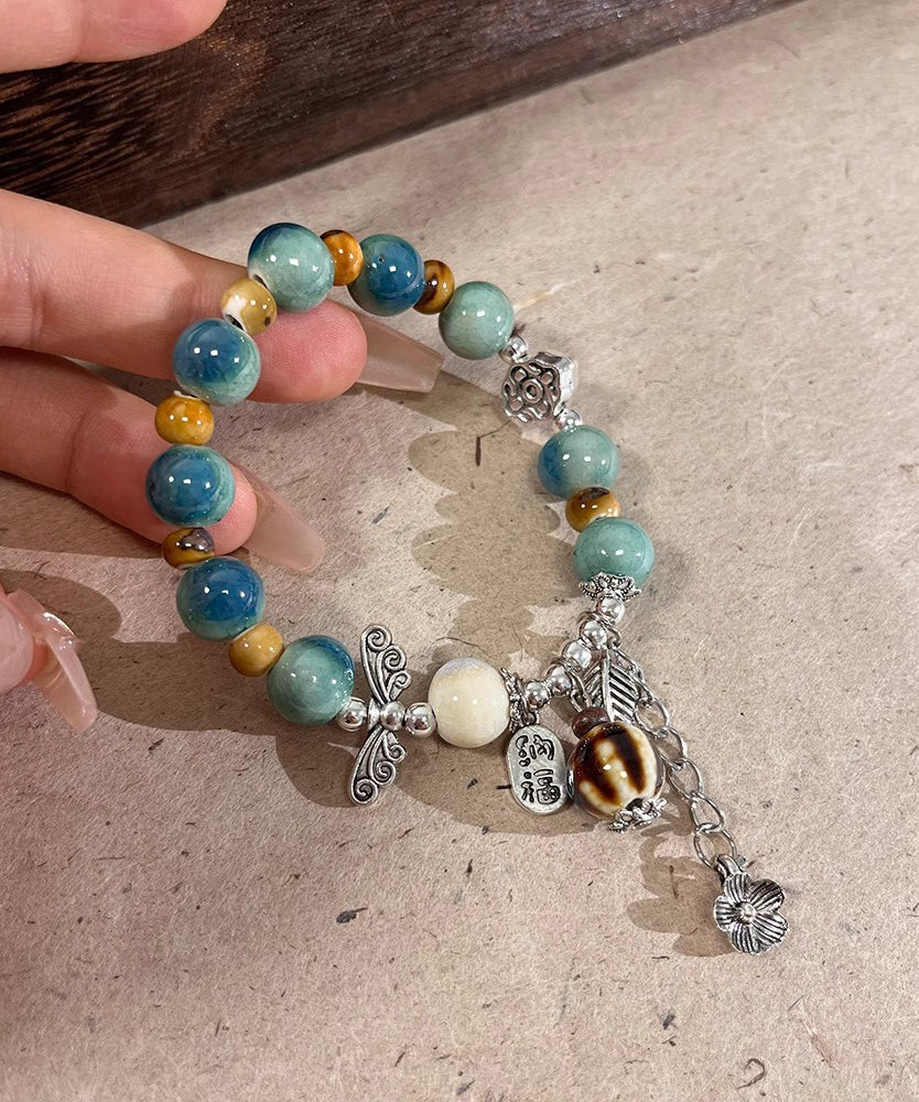 Bracelet à breloques vintage en soie, argent sterling, jade et céramique - TrendAura
