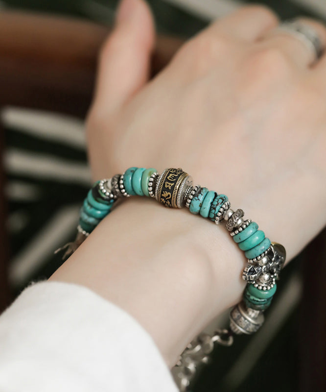 Bracelet à breloques vintage en argent sterling et soie avec perles turquoise - TrendAura