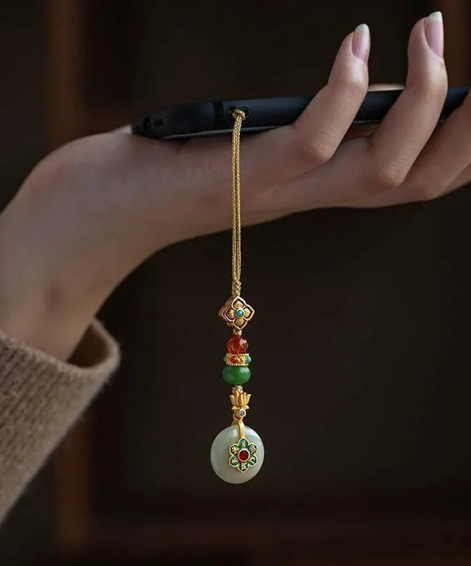 Chaînes de téléphone vintage en argent doré jaune, jade et turquoise, avec lotus et trèfle à quatre feuilles - TrendAura