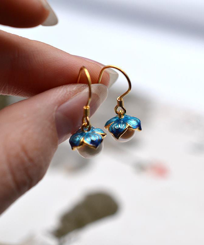 Boucles d'oreilles pendantes vintage en argent sterling jaune surdoré avec perles et émail cloisonné - TrendAura