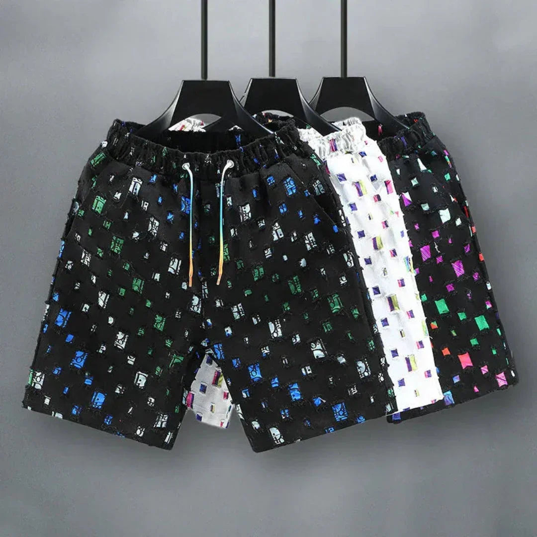 Waylynn Vito Reflective Grid Denim Shorts For Men With Multicolor Square Pattern And Elastic Waist