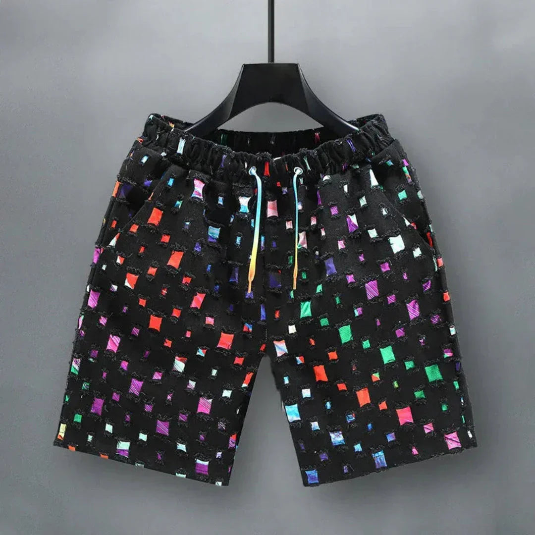 Waylynn Vito Reflective Grid Denim Shorts For Men With Multicolor Square Pattern And Elastic Waist