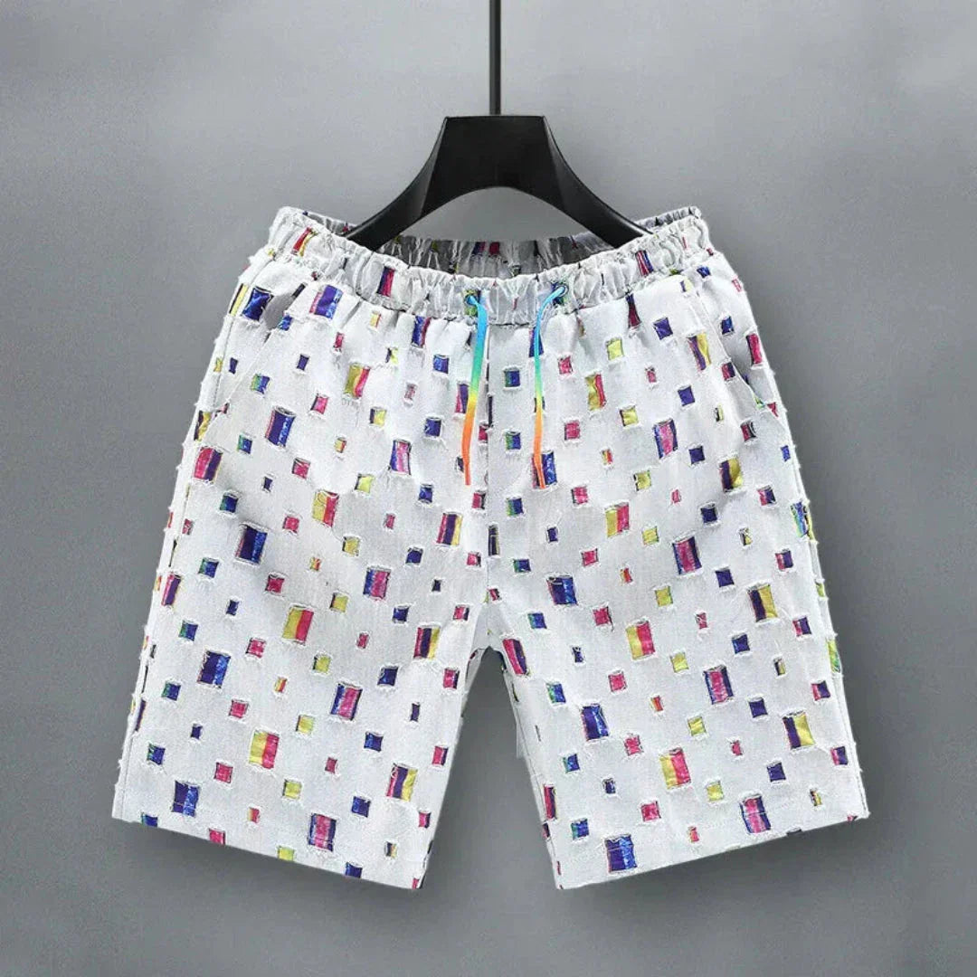 Waylynn Vito Reflective Grid Denim Shorts For Men With Multicolor Square Pattern And Elastic Waist