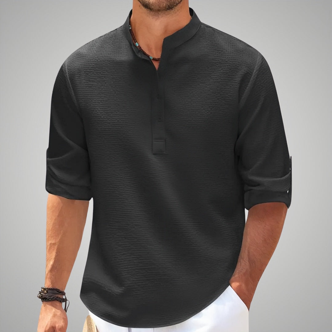Nordic Flair Mens Waffle Knit Henley Shirt With Grandad Collar Long Sleeve Button Closure