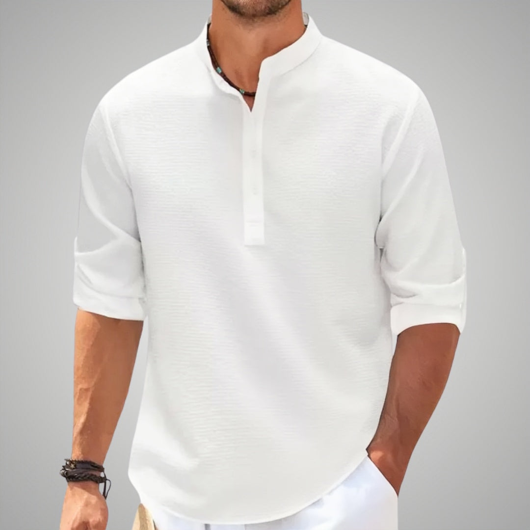 Nordic Flair Mens Waffle Knit Henley Shirt With Grandad Collar Long Sleeve Button Closure