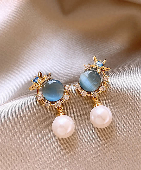 Boucles d'oreilles pendantes en pierre œil de chat avec perle et zircon bleu surdoré Vogue - TrendAura