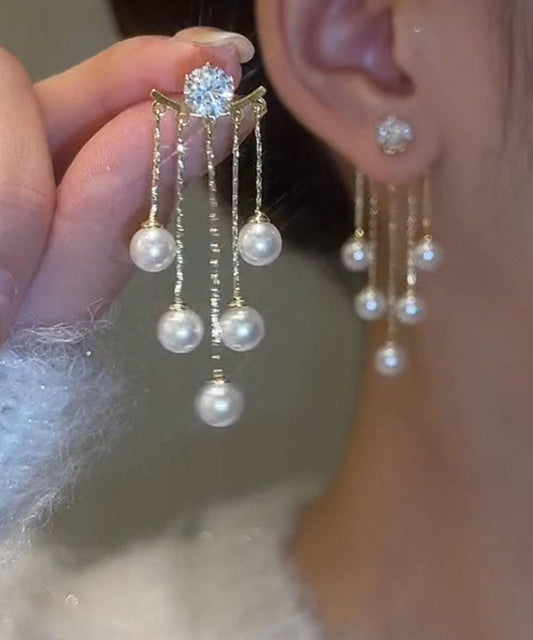 Boucles d'oreilles pendantes à pampilles et perles en alliage de cuivre doré Vogue - TrendAura