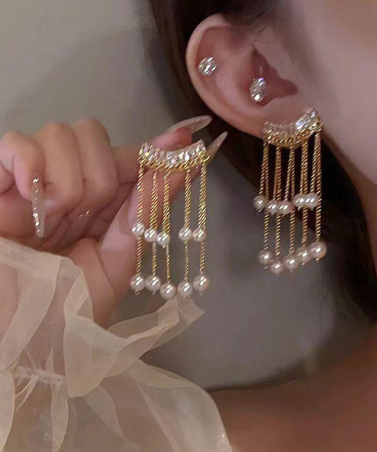 Boucles d'oreilles pendantes à pampilles en alliage de cuivre doré et zircon avec perles - TrendAura