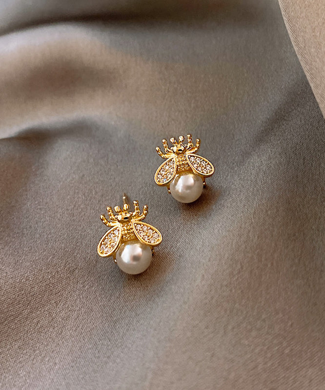 Boucles d'oreilles à tige en perles et abeilles dorées et cuivrées Vogue - TrendAura