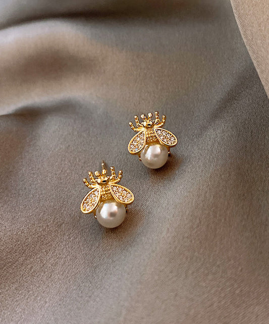 Boucles d'oreilles à tige en perles et abeilles dorées et cuivrées Vogue - TrendAura