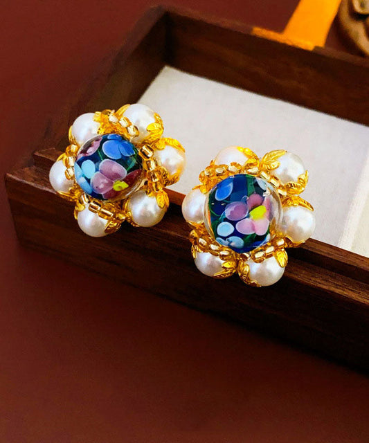 Boucles d'oreilles à tige en perles florales émaillées colorées Vogue Gold Copper Overgild - TrendAura