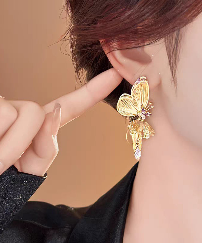 Boucles d'oreilles pendantes à pampilles papillon ajourées en argent sterling et zircons surdorés Vogue - TrendAura