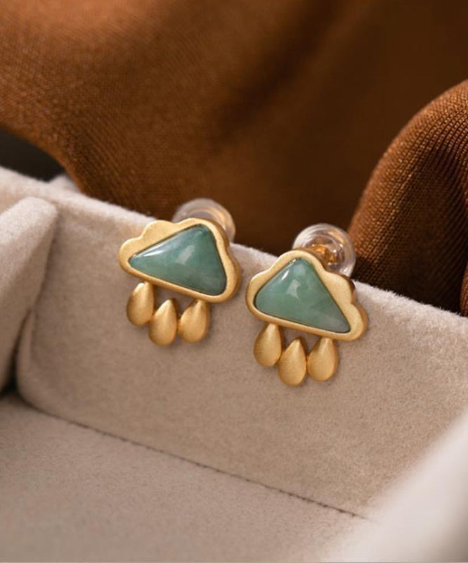 Boucles d'oreilles à tige en argent sterling et jade vert surdoré en forme de goutte d'eau - TrendAura