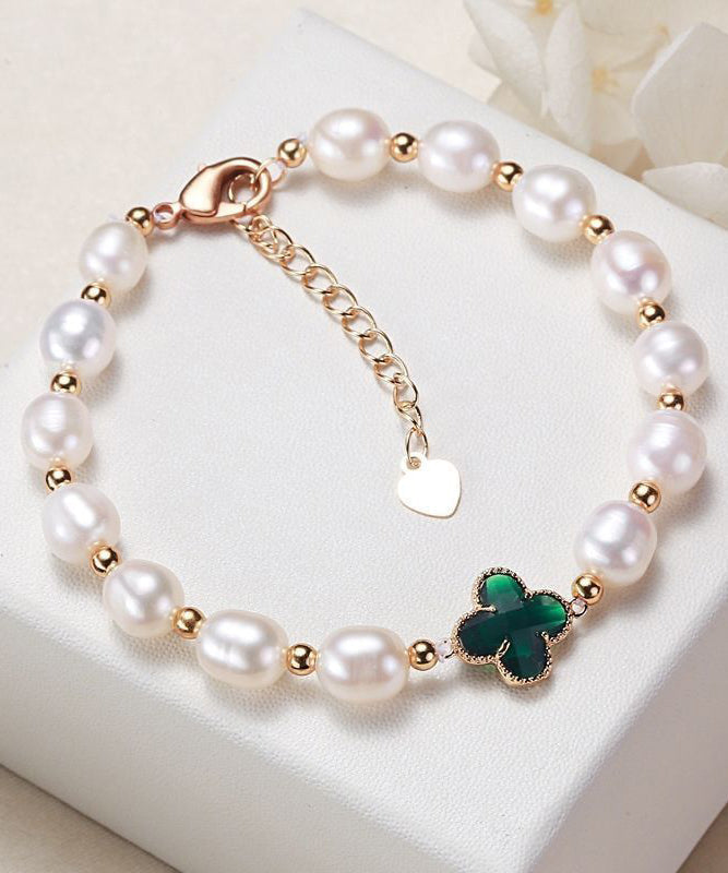 Bracelet à breloques en argent sterling vert Vogue avec perles de zircone et trèfle à quatre feuilles - TrendAura