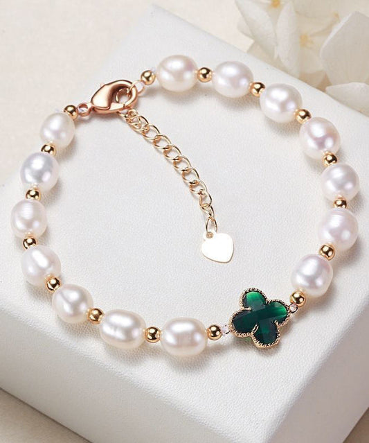 Bracelet à breloques en argent sterling vert Vogue avec perles de zircone et trèfle à quatre feuilles - TrendAura