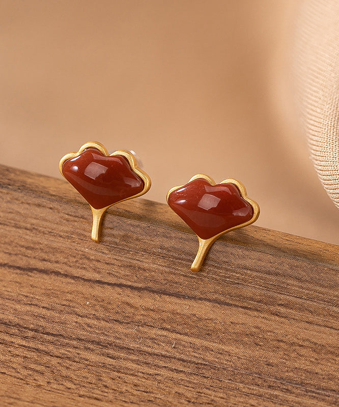 Boucles d'oreilles à tige en argent sterling avec feuille de ginkgo surdorée en agate de mûre Vogue - TrendAura