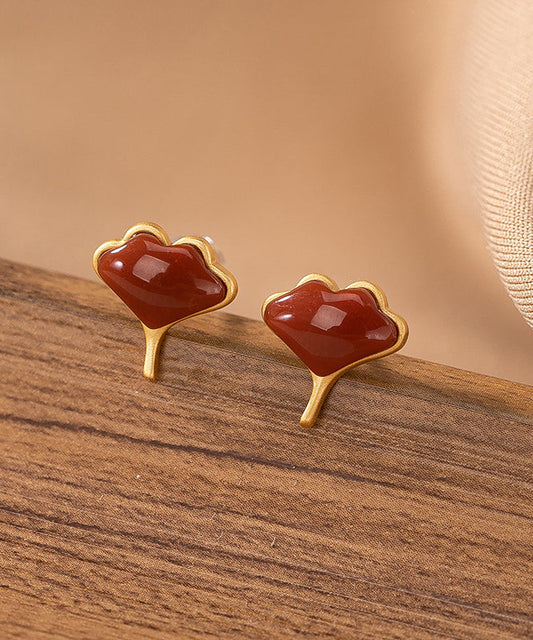 Boucles d'oreilles à tige en argent sterling avec feuille de ginkgo surdorée en agate de mûre Vogue - TrendAura