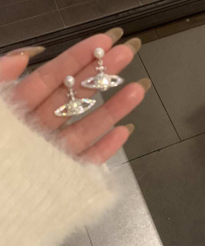 Boucles d'oreilles pendantes Vogue en cuivre blanc et zircon avec perles et planètes - TrendAura