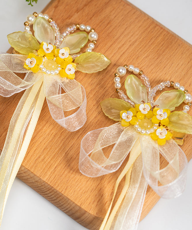 Vogue Ruban en mousseline de soie jaune Perle Glaze Osmanthus Enfants Une paire d'épingles à cheveux - TrendAura