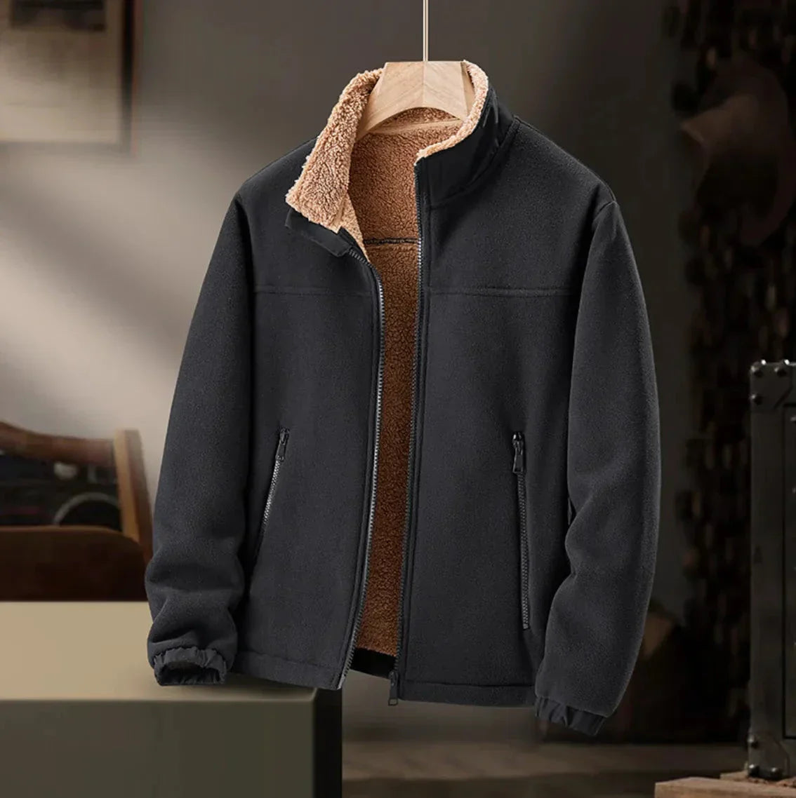 Waylynn Mens Sherpa Lined Fleece Jacket With Plush Inner Lining And Stand Up Collar For Cold Weather
