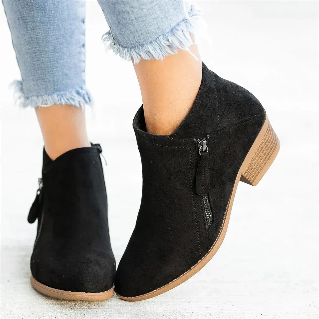 Women's Ankle Boots with Side Zipper and Block Heel